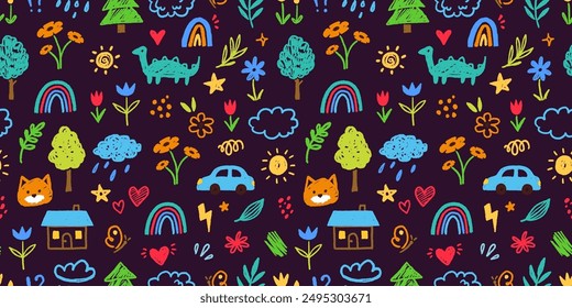 Cute kid flower, child element seamless pattern. Hand drawn doodle sketch children cute vector school chalk background. Kids doodle crayon style line flower, cloud doodle pattern. Vector illustration