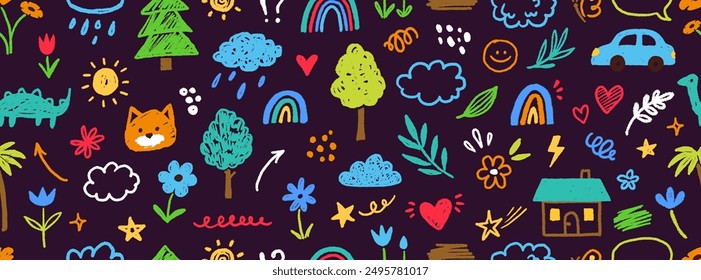 Cute kid flower, child element seamless pattern. Hand drawn doodle sketch children cute vector school chalk background. Kids doodle crayon style line flower, cloud doodle pattern. Vector illustration