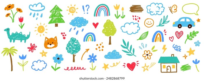 Cute kid flower, cloud, summer illustration. Hand drawn doodle sketch children cute vector school chalk background. Kids doodle crayon style line flower, cloud doodle pattern. Vector illustration