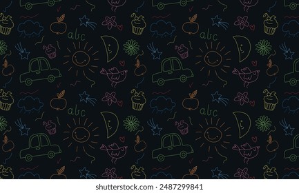 Cute kid flower, cloud, summer illustration. Hand drawn doodle sketch children cute vector school chalk background. Kids doodle crayon style line flower, cloud doodle pattern. Vector illustration 
