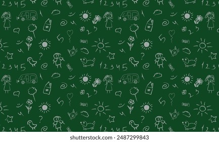 Nette Kinderblume, Wolke, Sommer-Illustration. Handgezeichnete Doodle Sketch Kinder Nette Vektorgrafik Schule Kreide Hintergrund. Kids Doodle Crayon Stil Linie Blume, Wolke Doodle Muster. Vektorillustration 