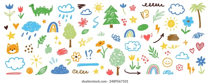 Cute kid flower, cloud, summer illustration. Hand drawn doodle sketch children cute vector school chalk background. Kids doodle crayon style line flower, cloud doodle pattern. Vector illustration