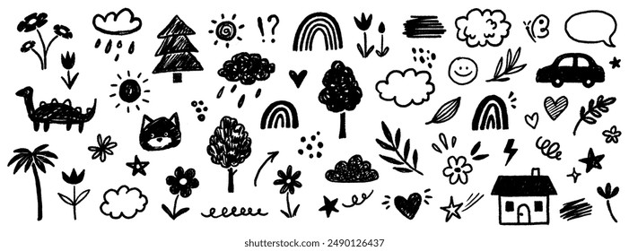 Cute kid flower, cloud, summer illustration. Hand drawn doodle sketch children cute vector school chalk background. Kids doodle crayon style line flower, cloud doodle pattern. Vector illustration