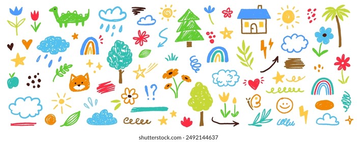 Cute kid flower, cloud, summer illustration. Hand drawn doodle sketch children cute vector school chalk background. Kids doodle crayon style line flower, cloud doodle pattern. Vector illustration