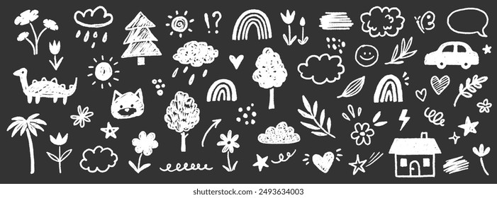 Nette Kinderblume, Wolke, Sommer-Illustration. Handgezeichnete Doodle Sketch Kinder Nette Vektorgrafik Schule Kreide Hintergrund. Kids Doodle Crayon Stil Linie Blume, Wolke Doodle Muster. Vektorillustration