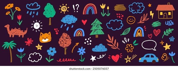 Süße Kinderblume, Wolke, Sommer-Illustration. Handgezeichnete Doodle-Skizze Kinder niedlichen Vektorschulkreide Hintergrund. Kinder Doodle Stift Linie Blume, Wolke Doodle Muster. Vektorgrafik