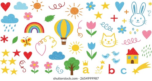 Süße Kinderblume, Wolke, Sommer-Illustration. Handgezeichnete Doodle-Skizze Kinder niedlichen Vektorschulkreide Hintergrund. Kinder Doodle Stilrichtung Linie Blume, Wolke Doodle Muster