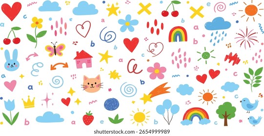 Cute kid flower, cloud, summer illustration. Hand drawn doodle sketch children cute vector school chalk background. Kids doodle crayon style line flower, cloud doodle pattern