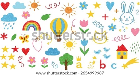 Cute kid flower, cloud, summer illustration. Hand drawn doodle sketch children cute vector school chalk background. Kids doodle crayon style line flower, cloud doodle pattern