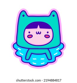 Cute kid in frog costume swimming, illustration for t-shirt, sticker, or apparel merchandise. With modern pop and kawaii style.