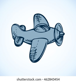 Cute kid fun airship vehicle soar in heaven isolated on white sky backdrop. Freehand outline ink hand drawn picture sketchy in art scribble retro style pen on paper. Side view with space for text