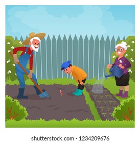 Cute kid in the garden with grandfather and grandmother. Child working in the garden with grandparents cartoon vector illustration