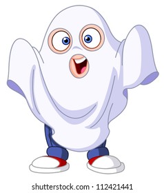 Cute kid in a ghost costume celebrating Halloween