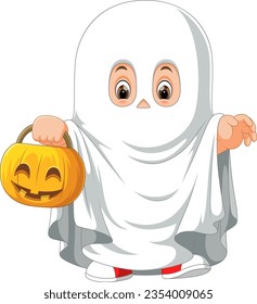 Cute kid in a ghost costume celebrating Halloween of illustration