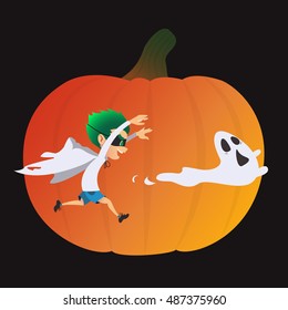 Cute kid in a ghost costume pursuing a real ghost. Prank Halloween cartoon illustration. Vector.