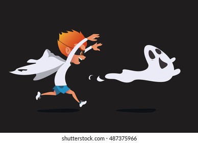 Cute kid in a ghost costume pursuing a real ghost. Prank Halloween cartoon illustration. Vector.