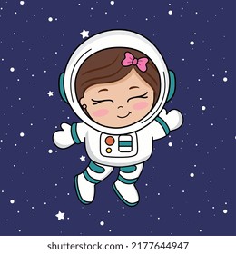 Cute Kind Mädchen Astronaut in der Weltraumgalaxie. Cartoon Vector Icon Illustration.