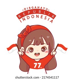 Cute kid girl celebrate indonesia 77th independence day or dirgahayu kemerdekaan indonesia ke 77