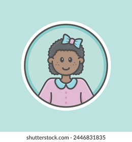 Cute kid girl circular avatar illustration with black skin, black hair, blue ribbon and happy face.
Pink sweater, blue collar, blue background, iconic style, vector line, flat, cartoon.