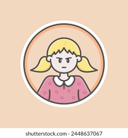 Cute kid girl circular avatar illustration with white skin, blonde hair, two tails and Annoyed face.
Purple sweater white collar, orange background, iconic style, vector line, flat, 100% resizable.