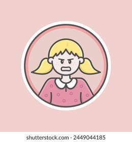 Cute kid girl circular avatar illustration with white skin, blonde hair, two tails and Angry face.
Purple sweater white collar, red background, iconic style, vector line, flat, 100% resizable.