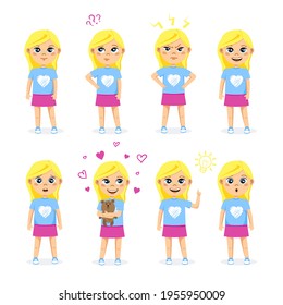 A cute kid girl with different emotions and poses. Kid expression set.