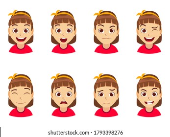 Cute kid girl with different facial expressions in white background    