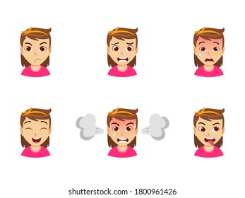 Cute kid girl with different facial expressions in white background