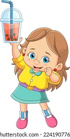 Cute kid girl holding bubble milk tea of illustration