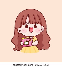Cute kid girl holding camera hand drawn cartoon character illustration