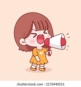 Cute kid girl holding megaphone hand drawn cartoon character illustration