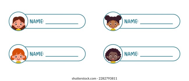 Cute kid girl name tags for school. Sticky labels set for children name. Cute cartoon kids shaped notepads, memo pad, flag markers for office school, scrapbooking, print. Vector stock illustration.