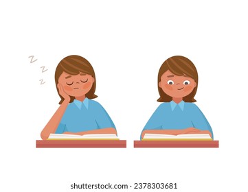 Cute kid girl read and sleep with book in class. Sleeping child at the study table. Flat vector cartoon style isolated on white background