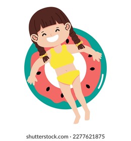 Cute kid girl relaxing on float cartoon