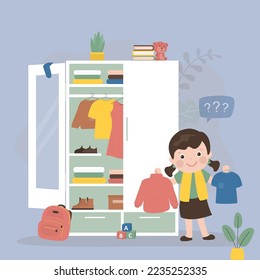 Cute kid girl select various daily clothes in storage. Wardrobe, organizing space for clothing. Fashion caucasian child. Shelves with apparel and outfit, accessories and boots. vector illustration