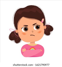 Cute Kid Girl Show Facial Expression Vector Illustration. Expression Of Anger Resentment. Cute Little Girl Is Angry. Vector Image Isolated On A White Background. Child Resentment. Children's Bullying