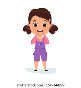 cute kid girl show facial expression. Surprised face with open mouth. WOW. Vector illustration