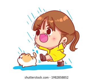 Cute Kid Girl Wear Raincoat Cartoon Art Illustration