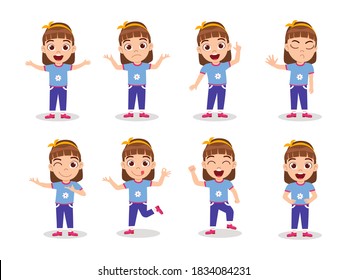 Cute kid girls character set isolated on a white background with different emotion expression and actions