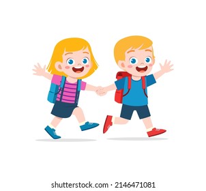 cute kid go to school with friend together