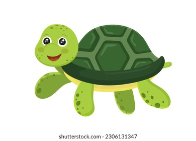 Cute kid of green turtle. Ocean creature icon isolated on white background. Sea animal in cartoon style. Funny tropic underwater wild life, colorful exotic aquarium collection. Vector illustration