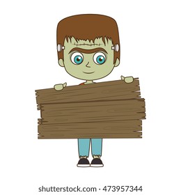 cute kid in a green zombie monster costume halloween season vector illustration