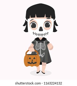 Cute kid Halloween character  wearing skeletom costume and skull mask