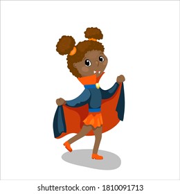 Cute kid in Halloween costume, vector character isolated on white background. Pretty african girl dressed for Halloween party. Teen girl in vampire costume. Halloween party character. Creepy carnival 