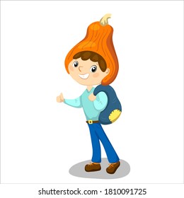 Cute kid in Halloween costume, vector character isolated on white background. Smiling teen boy dressed for Halloween party. Boy in pumpkin head. Halloween party character. Creepy carnival mascot