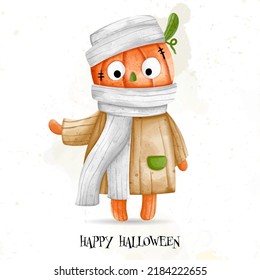 Cute kid in Halloween pumpkin costume. Happy Halloween, watercolor vector illustration
