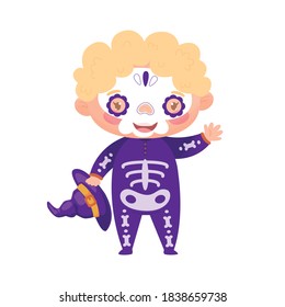 Cute kid in Halloween skeleton costume. Vector illustration.