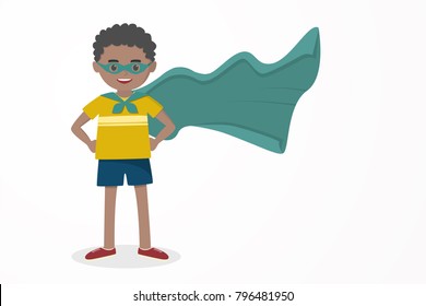 Cute kid, happy boy wearing a hero mask and cloak, illustration vector.