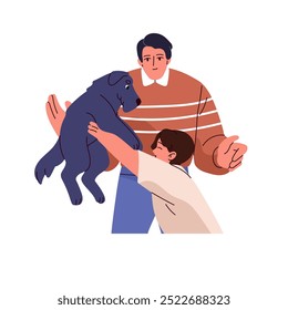 Menino bonito feliz por seu filhote adorável. A criança segura nas mãos um filhote de terrier. Rapaz abraça, ama cachorro fofo. Presente dos pais, cãozinho divertido. Ilustração de vetor isolado plano sobre fundo branco