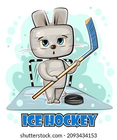 Cute kid Hare on ice. Childrens winter sports. Illustration for children. Hockey stick and puck. Sport. Funny animal in cartoon style. The picture is isolated on a white background. Vector